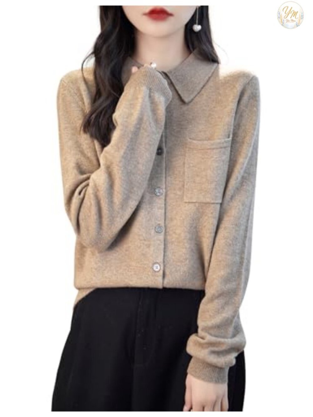 100% Merino Wool Cardigan Sweater Long Sleeve Polo Neck Knit